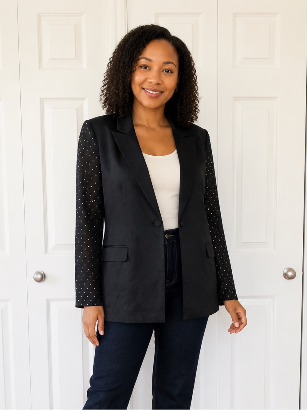Danielle Bernstein x Macy’s Black Rhinestone Sleeve Blazer Size M Office Work